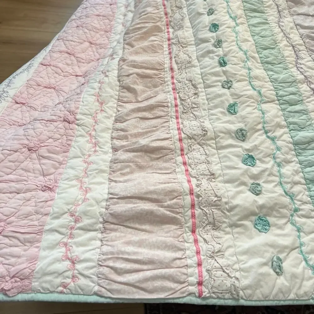 Pottery Barn Kids Full Queen Quilt Bailey Striped Textured Pastel Colors